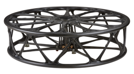 Detailed View of a Black Metal Wheel with Intricate Design and Unique Structure for Industrial Use