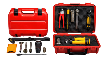 Professional Red Tool Box with Various Hand Tools Including Pliers, Screwdrivers, and Wrenches for Home Repair