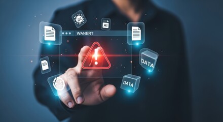 Businessman touching a digital interface with a warning symbol, representing data security and cyber threats