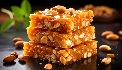 Stacked Peanut Brittle Pieces On Dark Surface with Scattered Almonds in Close Up