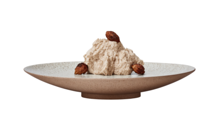 Creamy nut spread served on a textured plate garnished with roasted nuts for a gourmet presentation