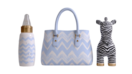 Stylish Baby Accessories Featuring Chevron Pattern Bottle, Chic Handbag, and Fun Zebra Toy for Modern Nursery Decor