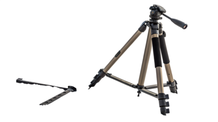 A tan tripod with black rubber grips on its legs, isolated on transparent background