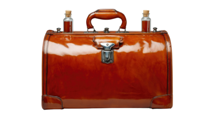 Vintage leather briefcase with unique design and two glass bottles on the side, elegant craftsmanship and shine