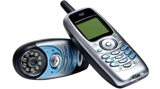 Vintage mobile phone with camera lens, isolated on white background showcasing retro technology and design