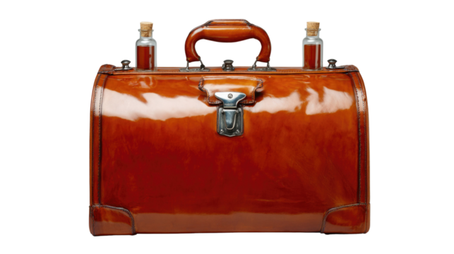 Vintage leather briefcase with unique design and two glass bottles on the side, elegant craftsmanship and shine