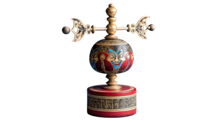 Decorative carved object with intricate designs, vibrant colors, and unique craftsmanship displayed on a modern backdrop
