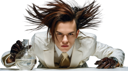 Young Male Scientist in Lab Coat with Wild Hair, Conducting Experiments with Glassware and Innovation