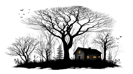 Cozy cabin illuminated by warm lights stands amidst dark silhouettes of trees in night landscape setting