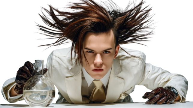 Young Male Scientist in Lab Coat with Wild Hair, Conducting Experiments with Glassware and Innovation