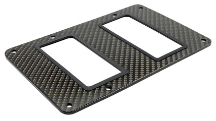Carbon fiber plate with two rectangular openings and a textured weave pattern, isolated on a transparent background