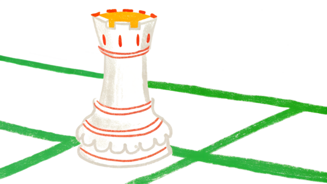 White and red chess rook piece positioned on a greenlined board, symbolizing strategy and game play, isolated on white isolated on transparent background