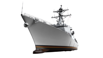 Modern naval warship showcased in a dramatic angle with advanced technology and sleek design against the backdrop