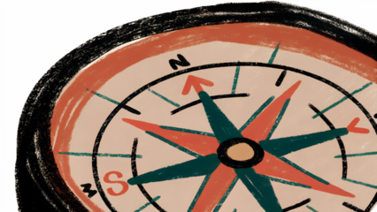 Closeup illustration of a vintage compass with cardinal directions, isolated on transparent background
