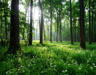 Sunlit forest floor blanketed with delicate white wildflowers, tall trees create a dappled shade