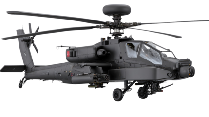 Military helicopter in flight showcasing advanced weaponry and design features prominently, black and sleek appearance