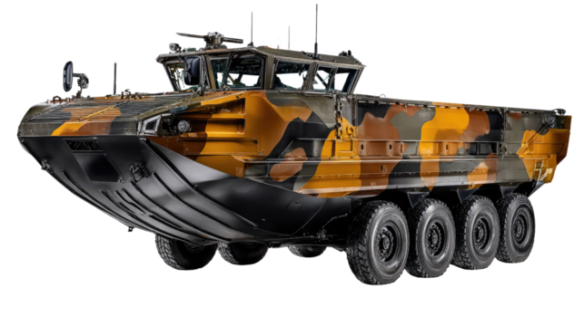 Military Amphibious Vehicle with Camo Pattern Ready for Action in Land and Water Environments