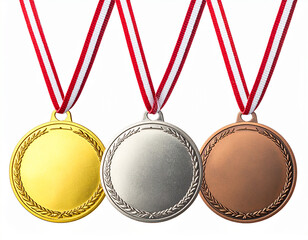 Set of three medals, gold, silver, and bronze with red ribbons, isolated on white background, representing sports competition, ranking, and achievement.