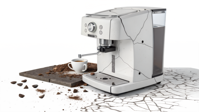 Modern white espresso coffee maker with a cup of coffee and scattered beans, isolated on transparent background