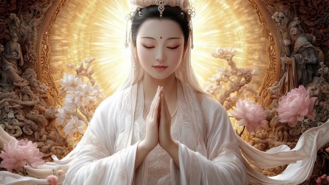 Mystic Kuan Yin vow: Avalokiteshvara gaze, Gwaneum virtue, Kannon light, sacred birth, wisdom awakening, peaceful passing, eternal promise, boundless tenderness, karmic harmony, spiritual echo