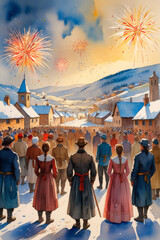 Fototapeta premium Winter Festival Crowd Watching Fireworks Display over Snowy Village