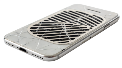 A broken smartphone with a cracked screen and damaged casing, isolated on transparent background