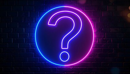 Glowing neon question mark in a circle on a brick wall