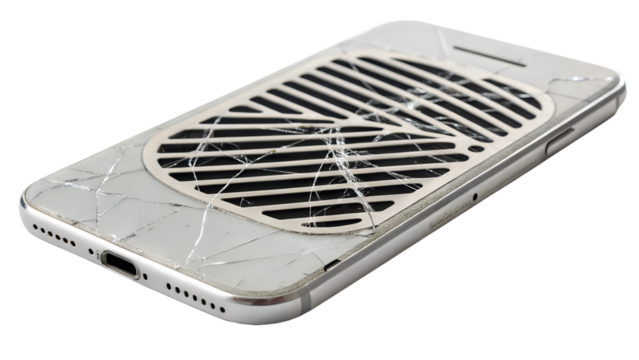 A broken smartphone with a cracked screen and damaged casing, isolated on transparent background