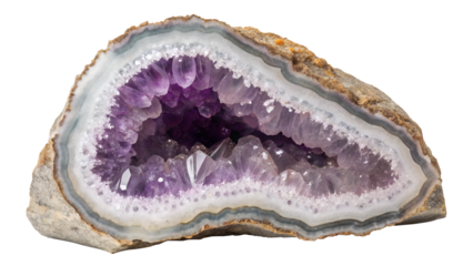 A beautiful amethyst geode with sparkling purple crystals, isolated on transparent background