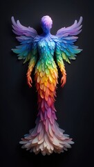 Fototapeta premium Angelic figure made of rainbow feathers human form