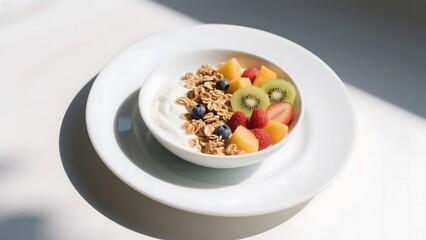 A bowl of yogurt topped with granola and fresh fruits, served on a white plate under natural light.