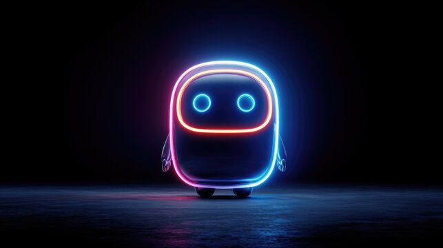 A cute robot character shines with neon outline in the dark environment