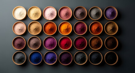 Overhead view of colorful powders in bowls pigment