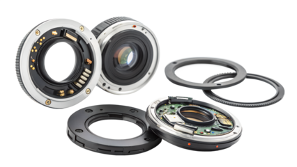 Camera lens adapter with electronic contacts and metal rings, isolated on transparent background