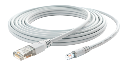 White network ethernet cable with rj45 connectors, isolated on transparent background