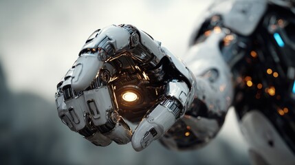 Fototapeta premium a close-up shot of a futuristic robot hand, featuring detailed metallic components, holding a glowing energy source