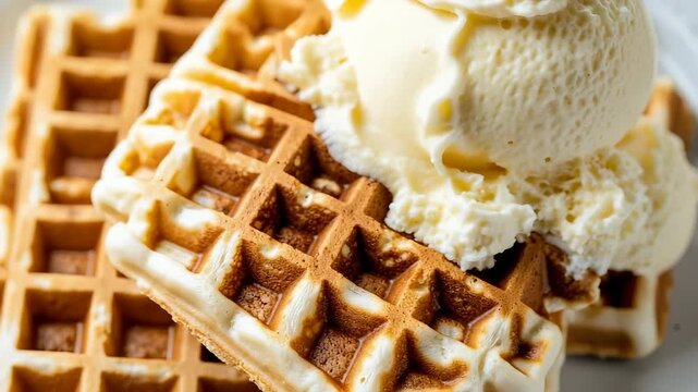 Delicious golden brown gridded waffles piled high with a large scoop of creamy white vanilla flavored frozen dessert melting slowly on warm crispy pastry ready for a delightful sweet morning treat.