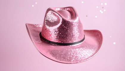 Pink Glitter Cowboy Hat Floating Against Pink Background with Sparkling Embellishments