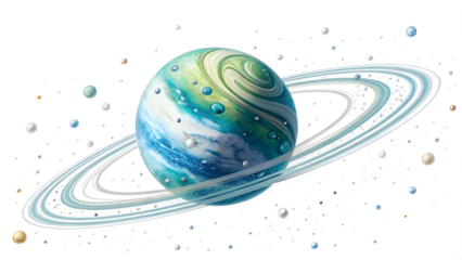 Stylized planet with rings and orbiting celestial bodies, isolated on transparent background