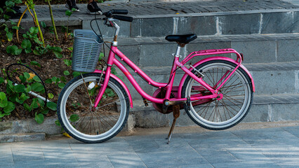 a bright pink bicycle with a front basket is parked on a paved stone path next to some greenery and stone steps in an outdoor setting.