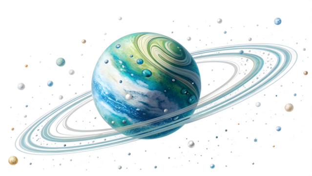 Stylized planet with rings and orbiting celestial bodies, isolated on transparent background