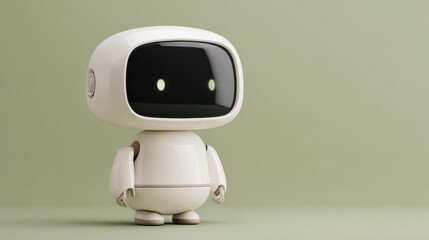 a cute robot with a modern, minimalist design. The robot features a smooth, white body, a black screen, and friendly-looking digital eyes