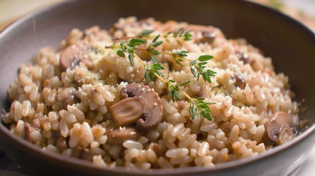 Close-up of creamy mushroom risotto in a bowl, garnished with thyme sprigs and parmesan cheese