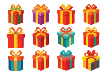 Collection of Colorful Gift Boxes with Ribbons and Bows Vector Illustration