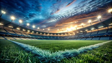 Dramatic Sunset over Empty Modern Stadium:  Soccer Field,  Night Game Ready
