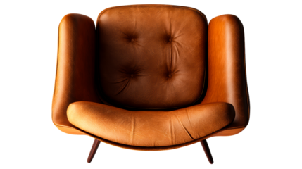 Brown leather armchair with tufted seat and curved arms