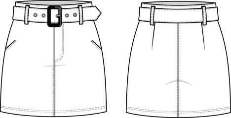 Front and back view of stylish mini skirt with belt loops, side pockets, stitched details, vector CAD fashion illustration