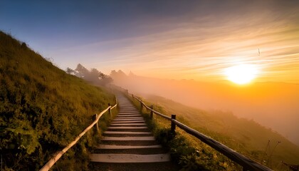 A serene, winding stairway ascends a lush green hillside towards a vibrant sunrise, symbolizing a beautiful journey and a hopeful path forward.