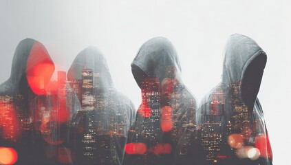 Four hooded figures, city lights overlaid