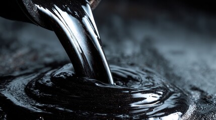 Liquid Black Gold: An up-close capture of a dark, viscous liquid flowing smoothly, symbolizing industry and energy, with ripples suggesting potential